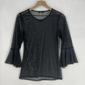 Soprano Womens Top Size S Polka Dot Sheer Mesh Top Bell Sleeves Black Whimsygoth